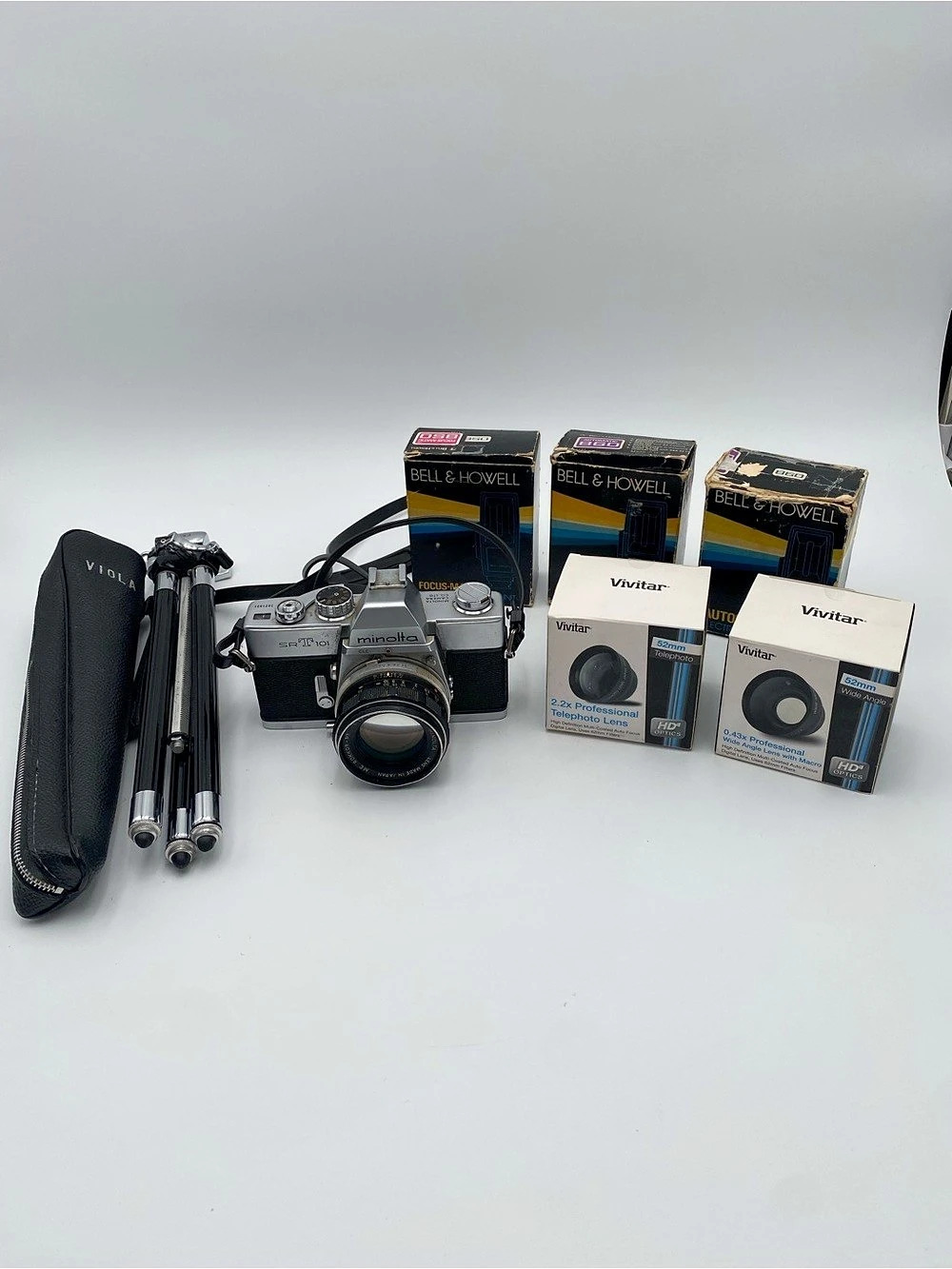 Vintage Minolta SRT 101 35mm Film Camera Bundle Black & Silver